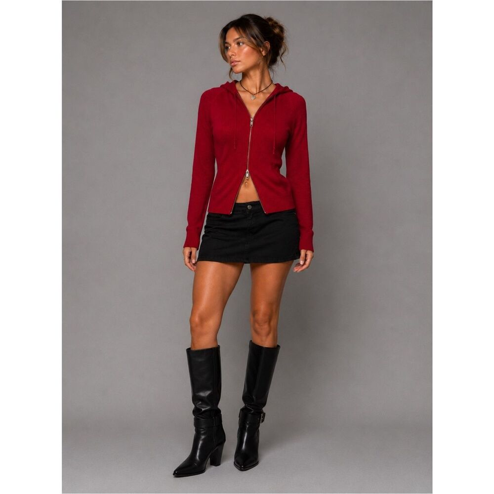 Sweater Project Solid Red with Grey Trim Double Zip Up Knit Sweater Hoodie M